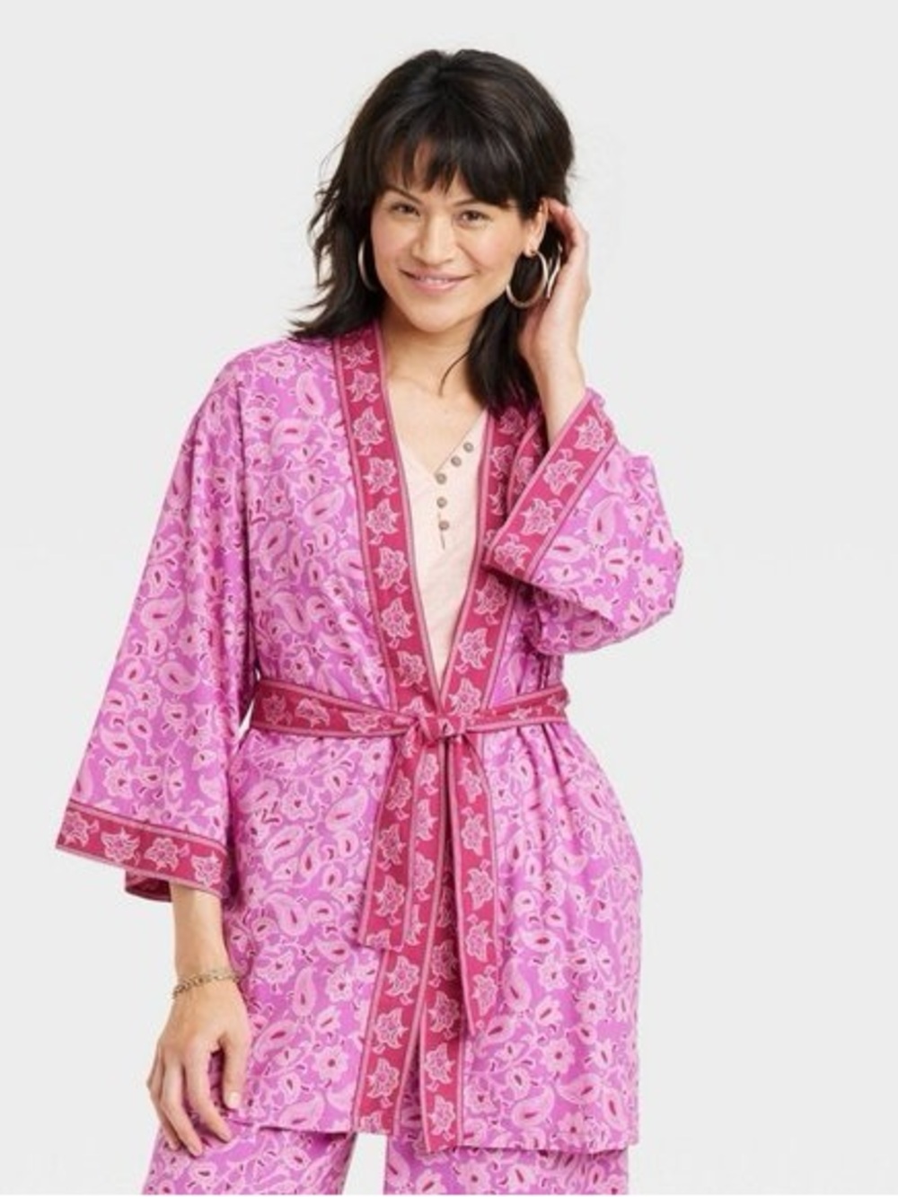 Knox Rose Paisley Kimono Robe Pink Cotton Rayon Tie Belt NWT M/L Lounge - Picture 12 of 12